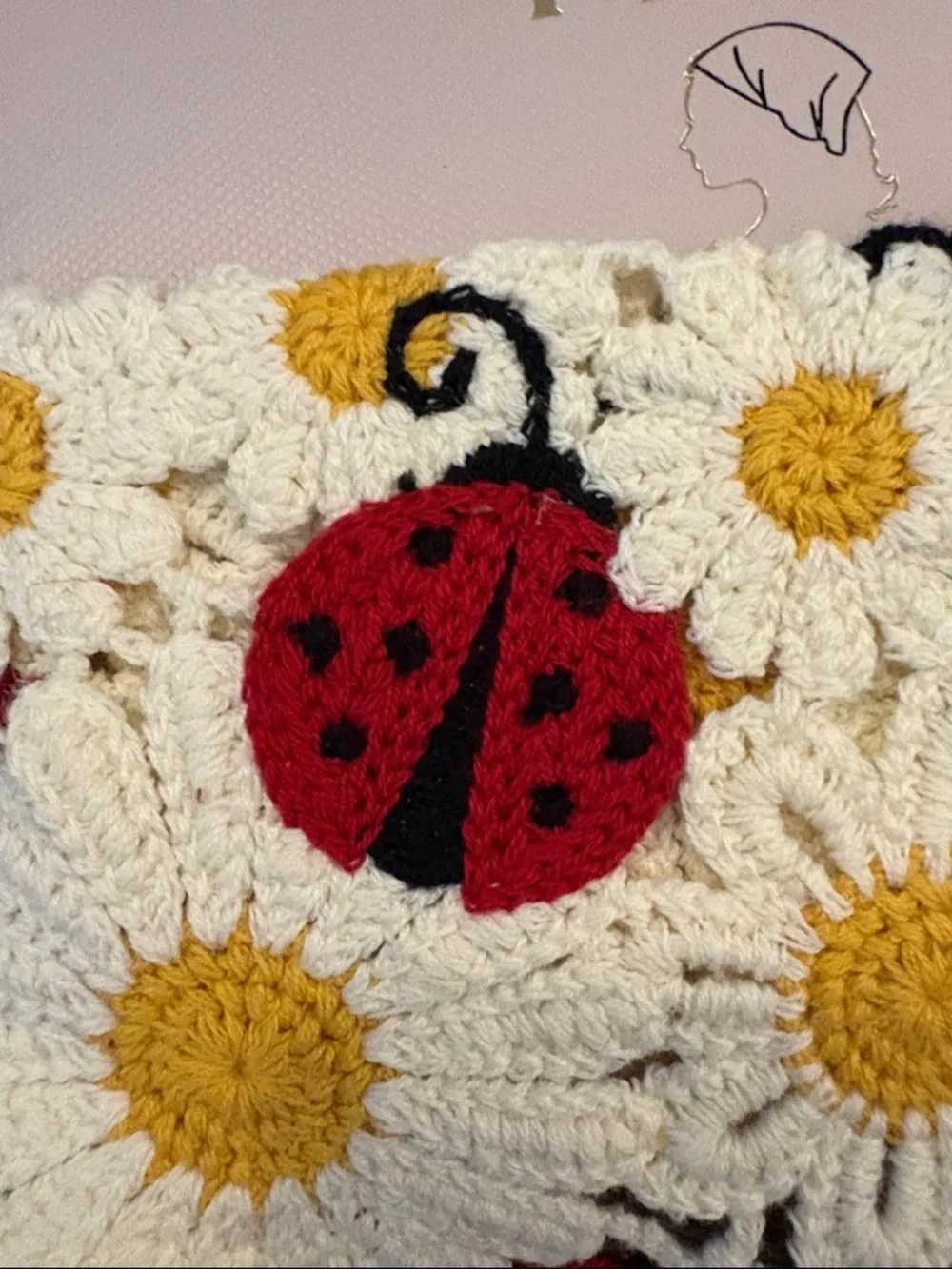 Piper Crochet Daisy Hair Scarf with Red Ladybug Appliqués